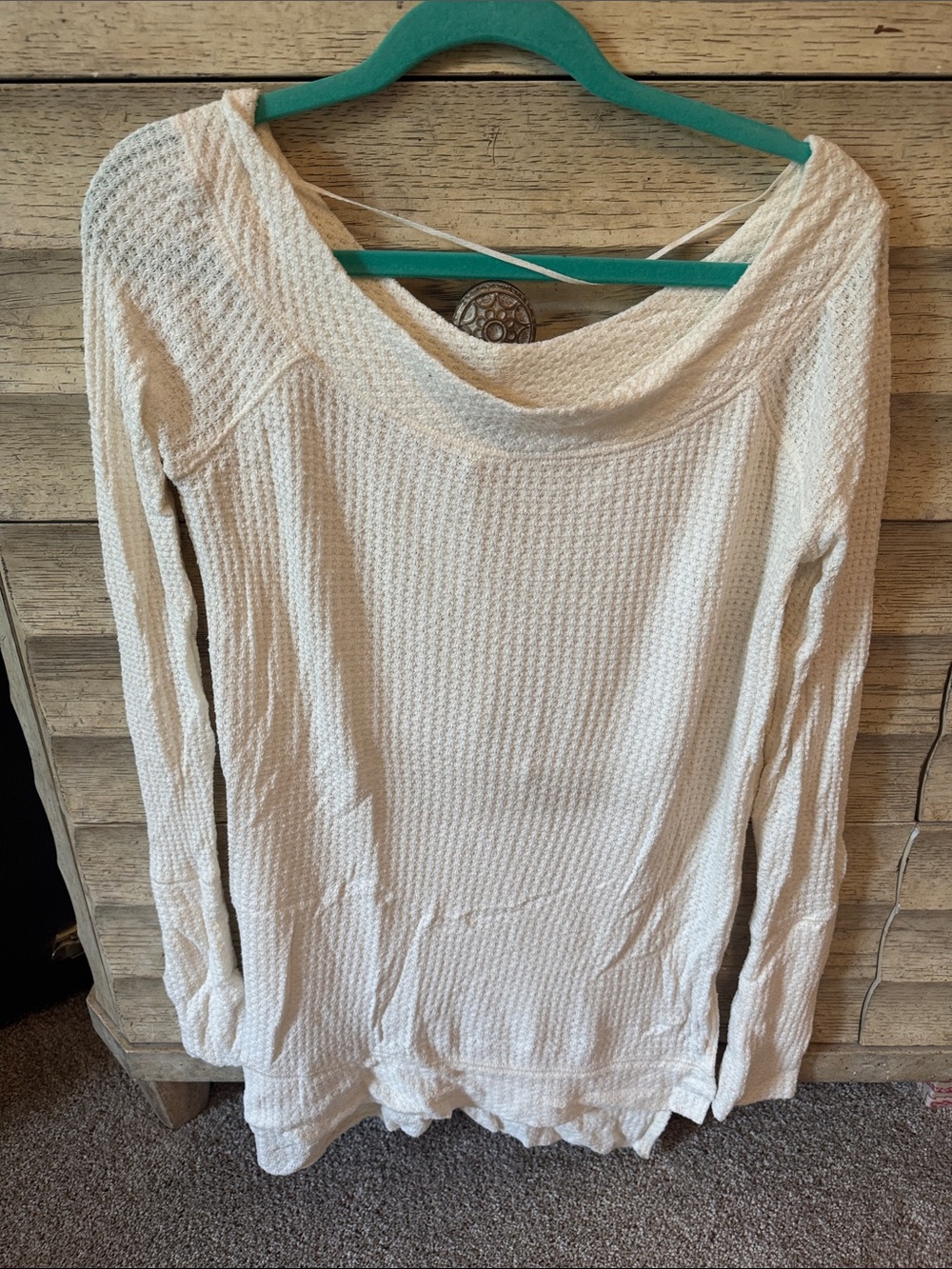 Free People Off-Shoulder Waffle Knit Sweater in Light Cream